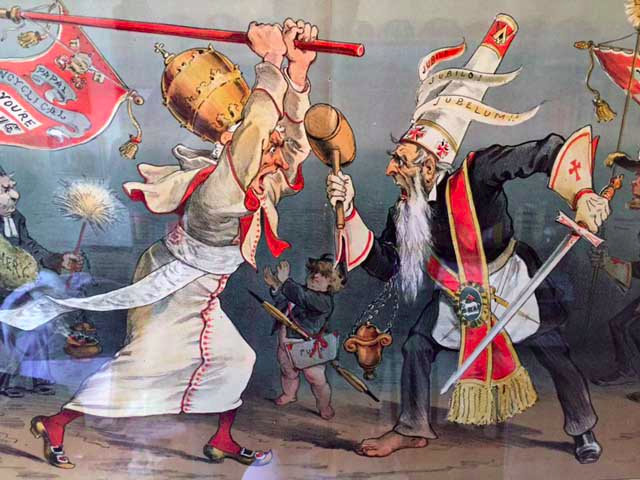 Um cartum de 1891 mostra o Papa Leão XIII combatendo a Maçonaria.